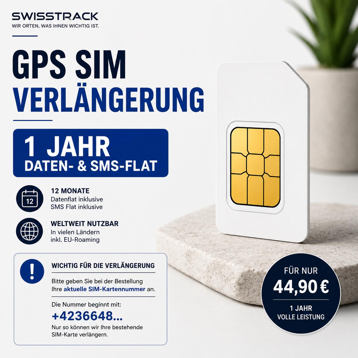 GPS SIM Verlängerung 1 Jahr Daten- und SMS-Flat ohne Abo für GPS Tracker