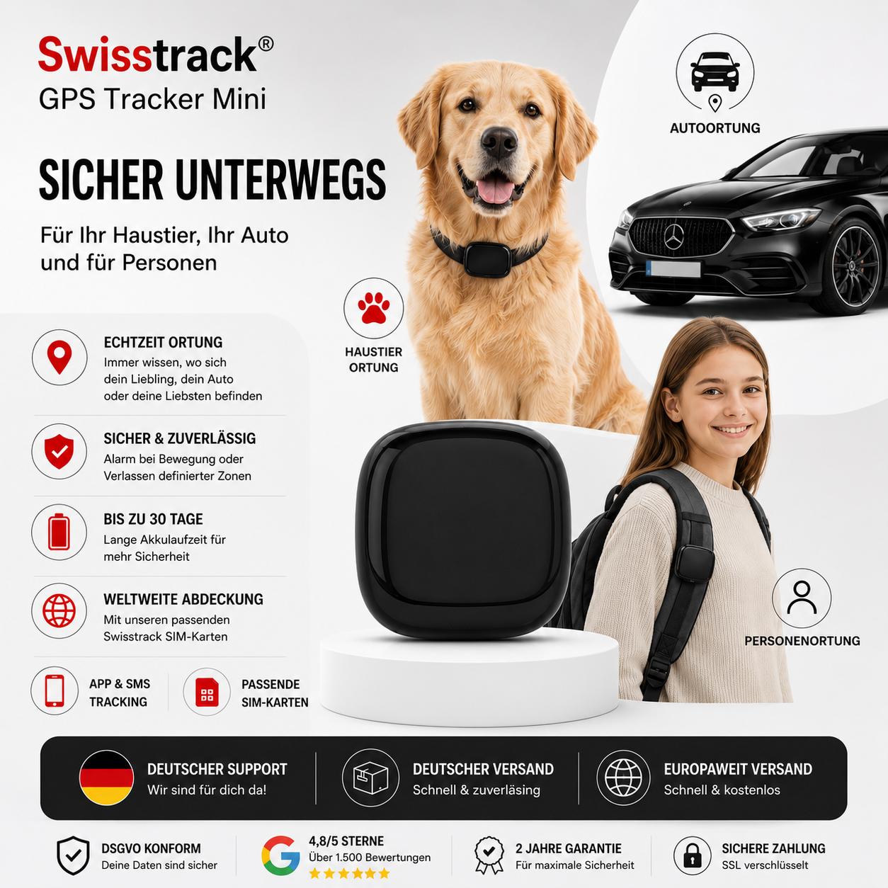 Swisstrack GPS Tracker Mini für Haustiere, Auto Ortung und Personen Ortung